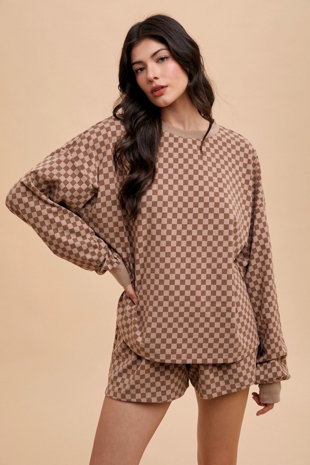 ANNIE WEAR - Checkered Top & Drawstring Shorts Set in Mocha