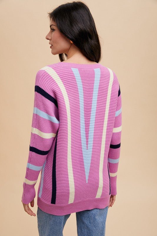ANNIE WEAR - Chevron Stripe Rib Knit Sweater in Orchid