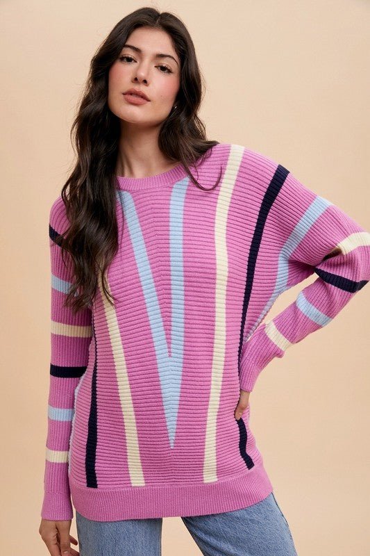 ANNIE WEAR - Chevron Stripe Rib Knit Sweater in Orchid