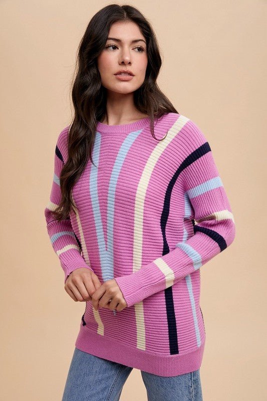 ANNIE WEAR - Chevron Stripe Rib Knit Sweater in Orchid