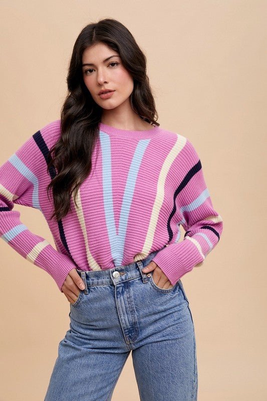 ANNIE WEAR - Chevron Stripe Rib Knit Sweater in Orchid