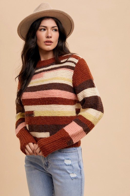 ANNIE WEAR - Color Block Long Sleeve Sweater in Chocolate Multi
