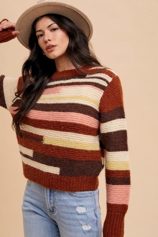 ANNIE WEAR - Color Block Long Sleeve Sweater in Chocolate Multi