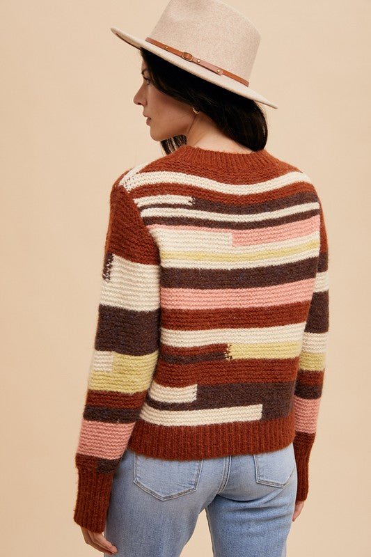 ANNIE WEAR - Color Block Long Sleeve Sweater in Chocolate Multi