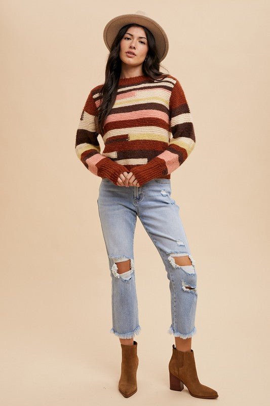 ANNIE WEAR - Color Block Long Sleeve Sweater in Chocolate Multi
