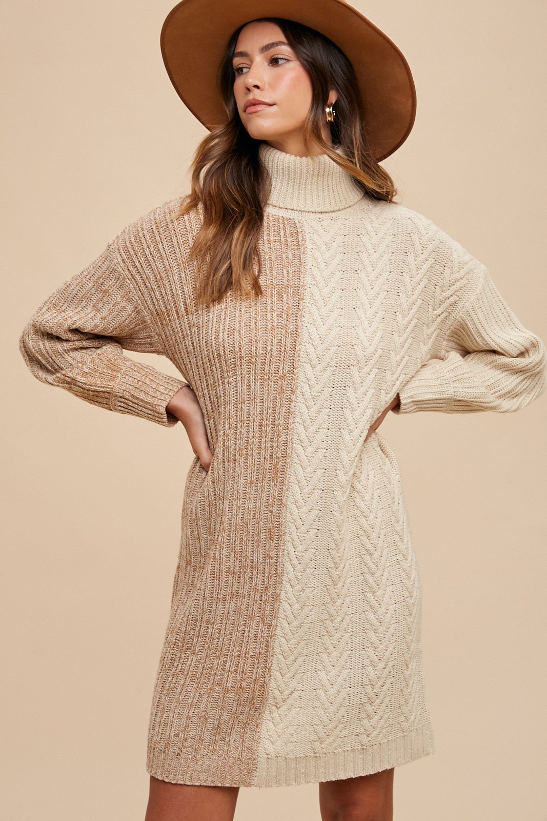 ANNIE WEAR - Color Block Mini Turtleneck Sweater Dress in Taupe