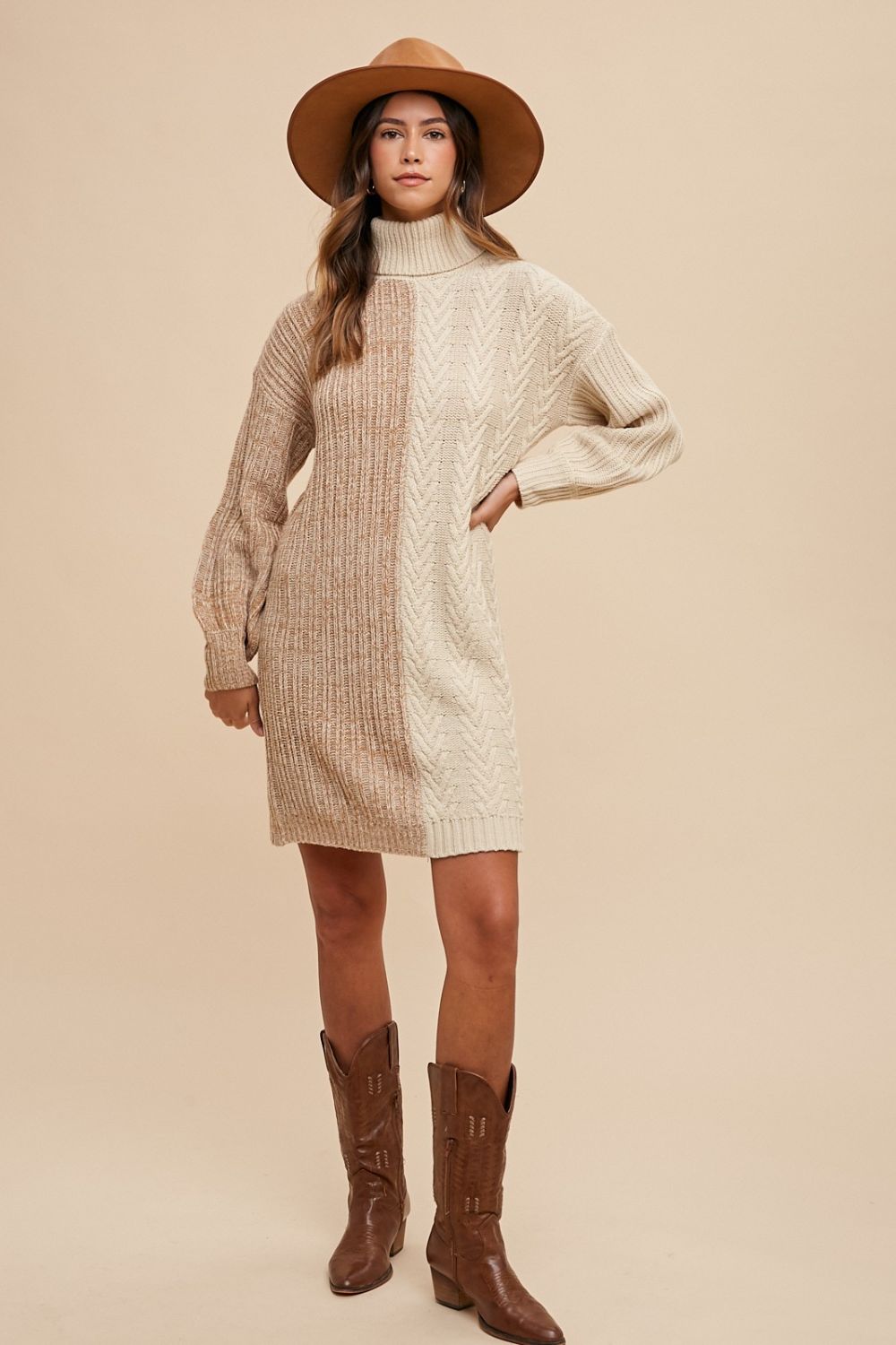 ANNIE WEAR - Color Block Mini Turtleneck Sweater Dress in Taupe