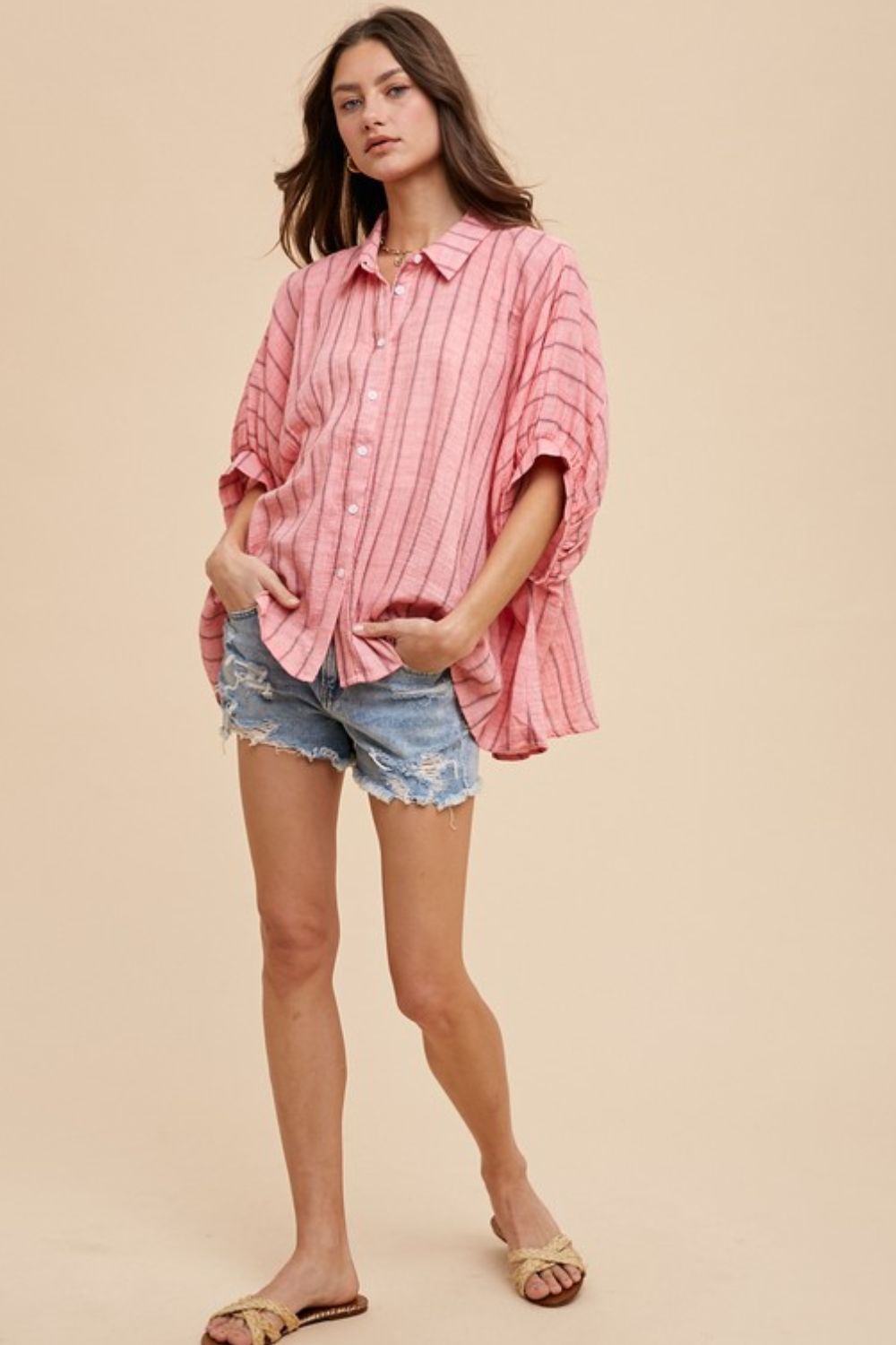 ANNIE WEAR - Coral Pink Striped Half Sleeve Shirt