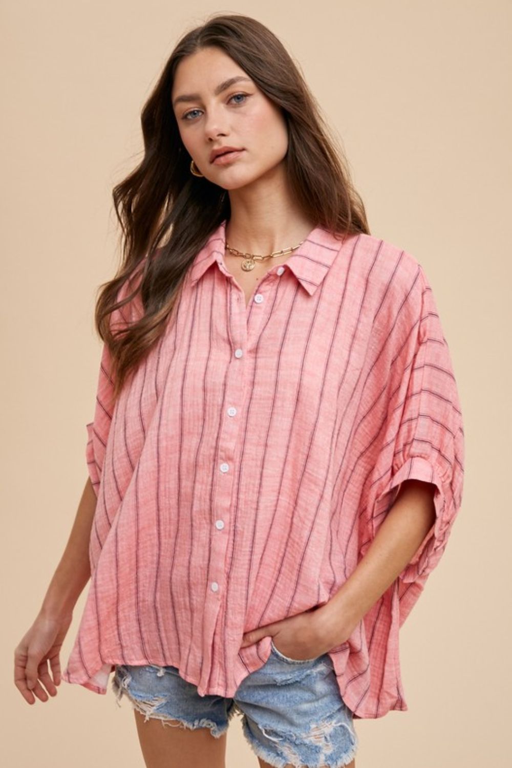 ANNIE WEAR - Coral Pink Striped Half Sleeve Shirt