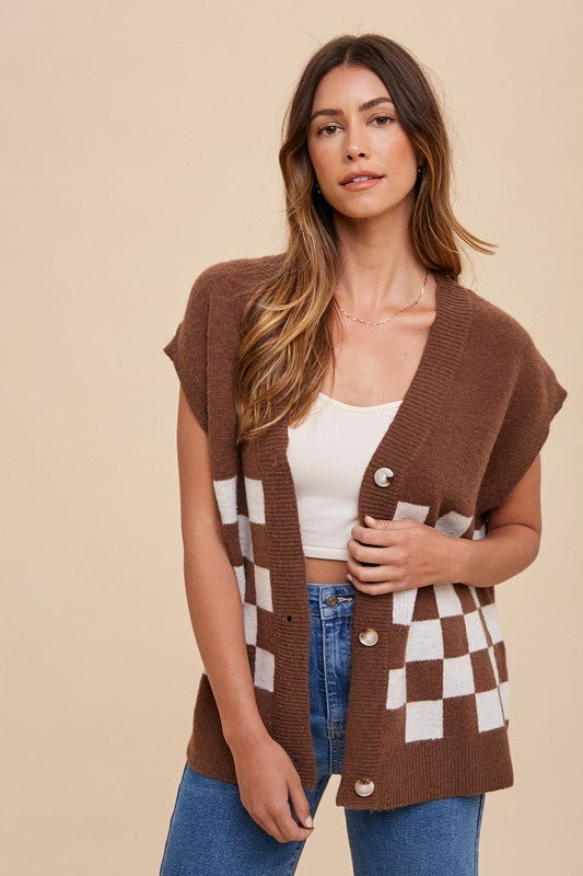 ANNIE WEAR - Dark Brown Checkered Short Sleeve Cardigan