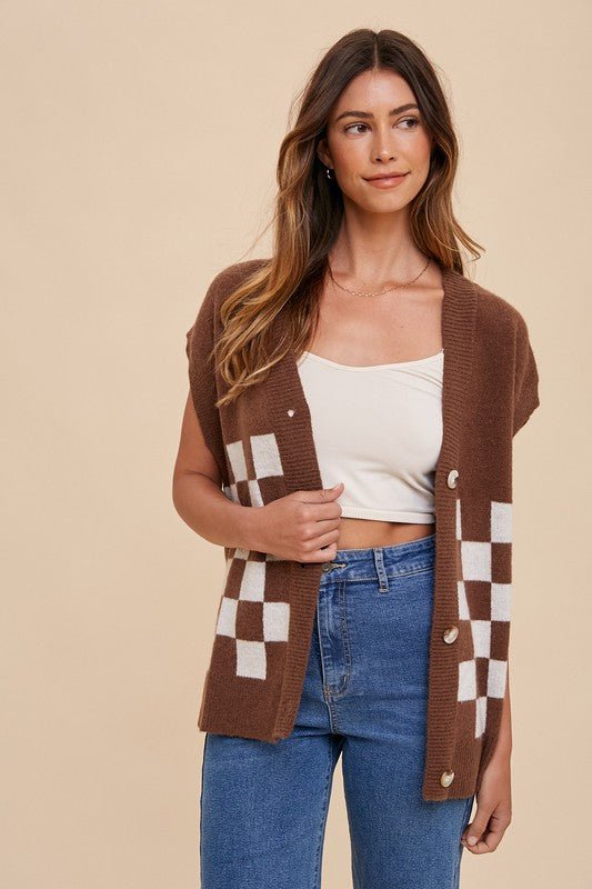 ANNIE WEAR - Dark Brown Checkered Short Sleeve Cardigan