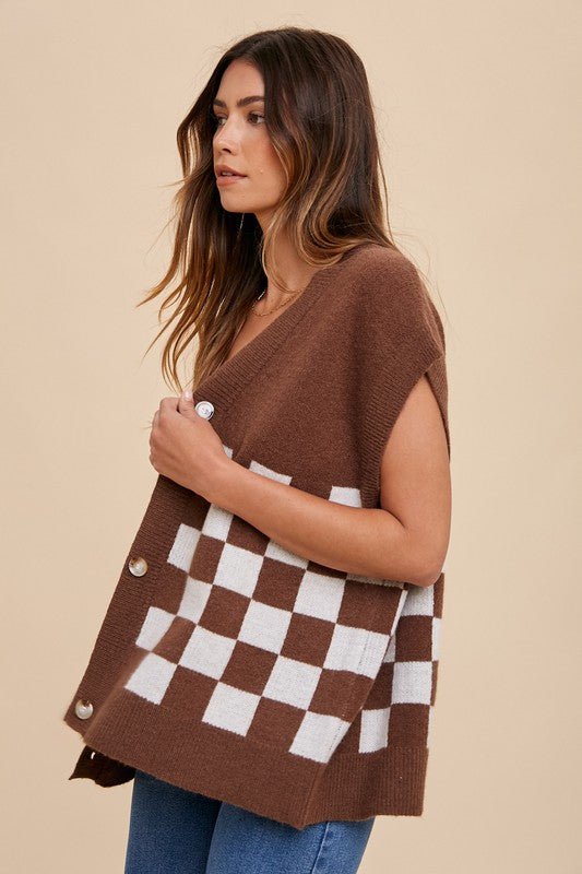 ANNIE WEAR - Dark Brown Checkered Short Sleeve Cardigan