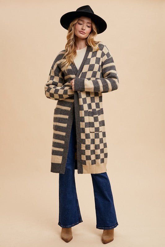 ANNIE WEAR - Dark Gray Checkered & Striped Open Front Cardigan