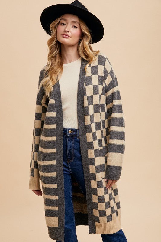 ANNIE WEAR - Dark Gray Checkered & Striped Open Front Cardigan