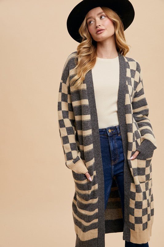 ANNIE WEAR - Dark Gray Checkered & Striped Open Front Cardigan