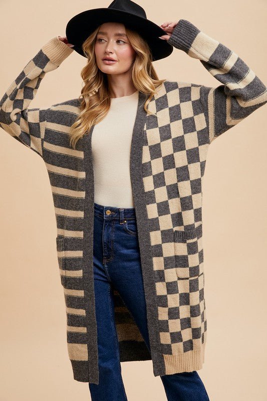 ANNIE WEAR - Dark Gray Checkered & Striped Open Front Cardigan