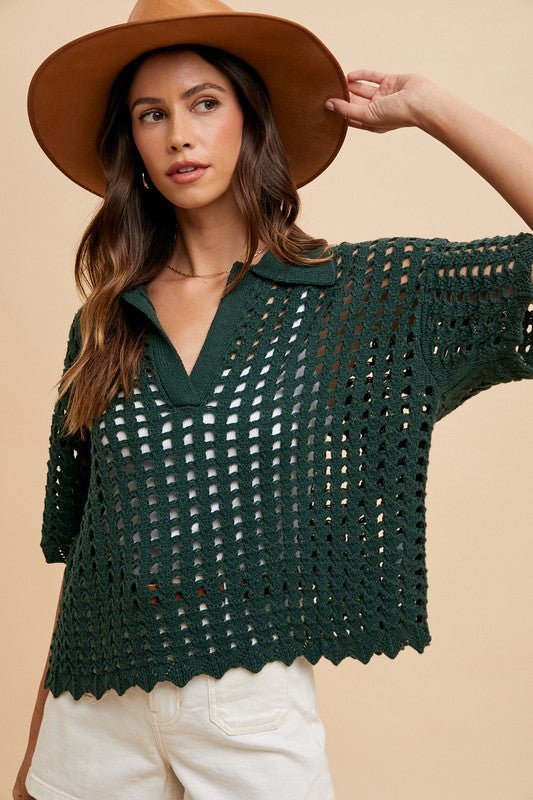 ANNIE WEAR - Dark Green Openwork Knit Top