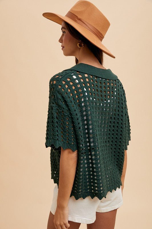 ANNIE WEAR - Dark Green Openwork Knit Top