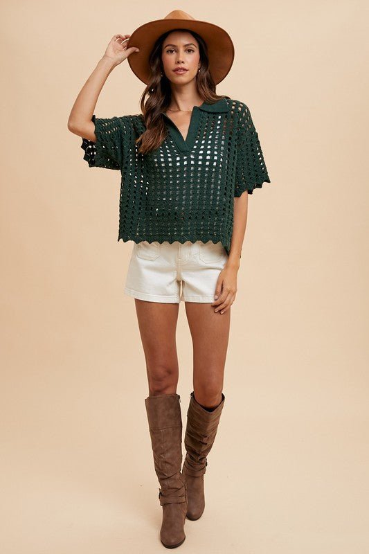 ANNIE WEAR - Dark Green Openwork Knit Top