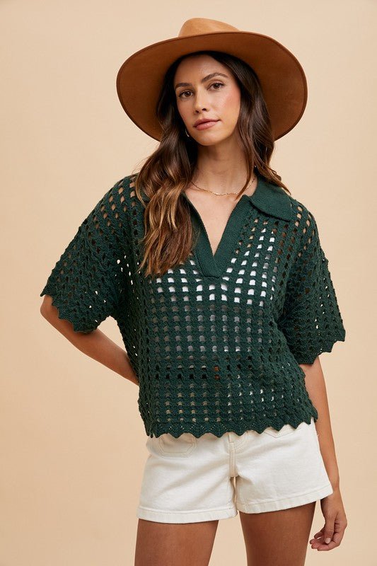 ANNIE WEAR - Dark Green Openwork Knit Top