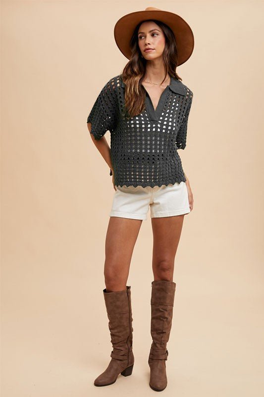 ANNIE WEAR - Dark Green Openwork Knit Top