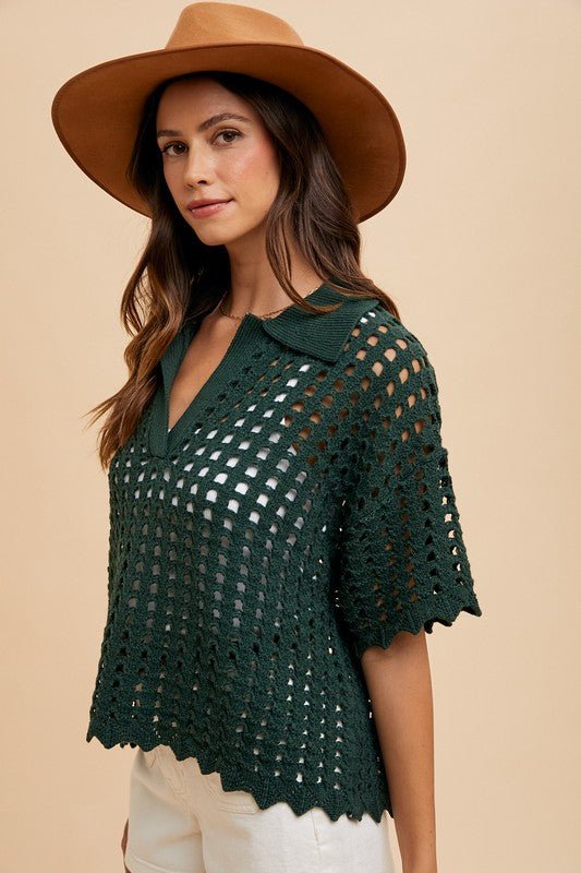 ANNIE WEAR - Dark Green Openwork Knit Top