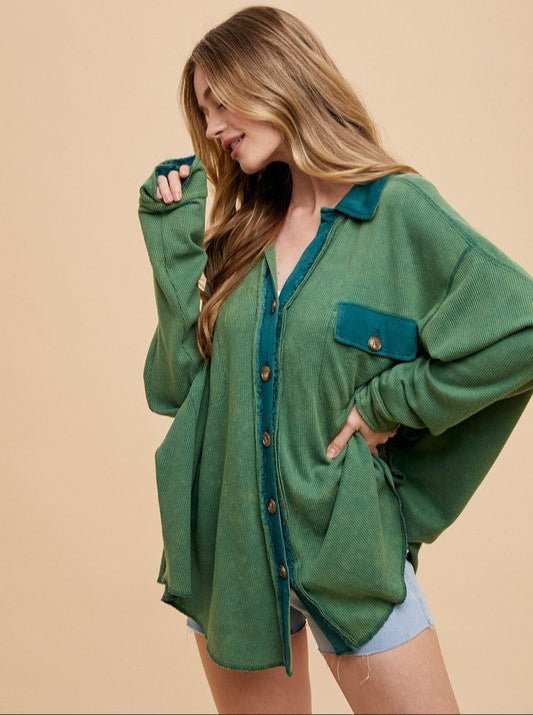 ANNIE WEAR - Dark Green Waffle Knit Mineral Washed Shirt