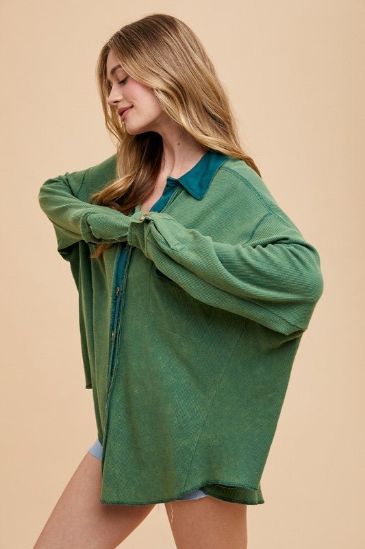 ANNIE WEAR - Dark Green Waffle Knit Mineral Washed Shirt
