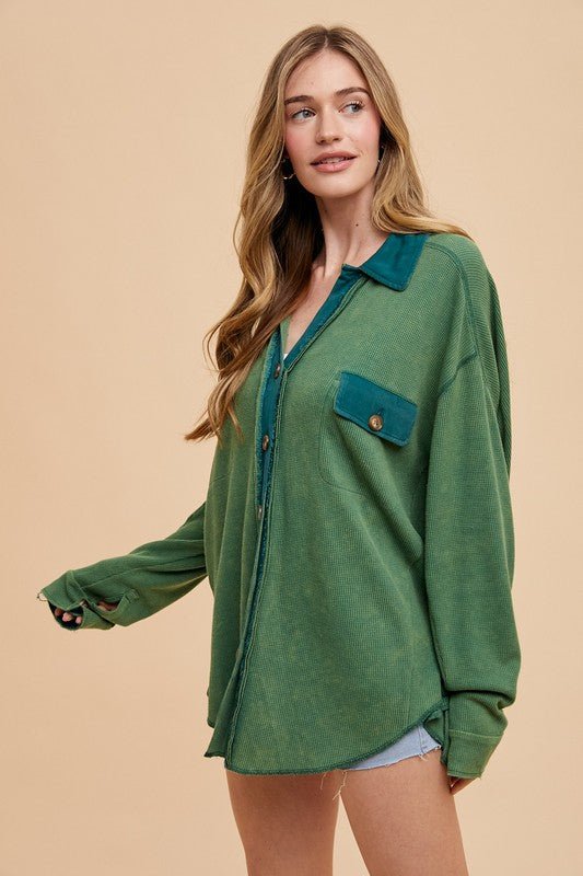 ANNIE WEAR - Dark Green Waffle Knit Mineral Washed Shirt