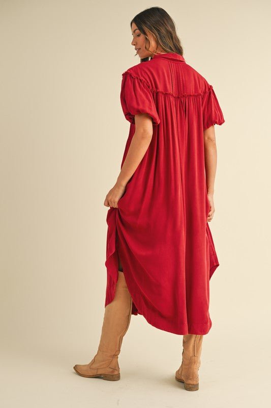 ANNIE WEAR - Deep Red Mineral Washed Puff Sleeve Midi Shirt Dress