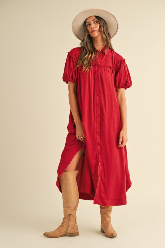 ANNIE WEAR - Deep Red Mineral Washed Puff Sleeve Midi Shirt Dress