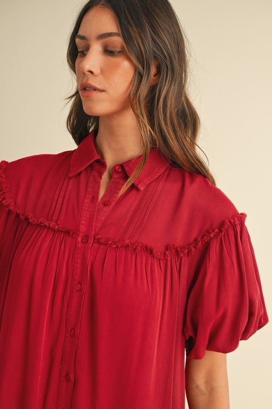 ANNIE WEAR - Deep Red Mineral Washed Puff Sleeve Midi Shirt Dress