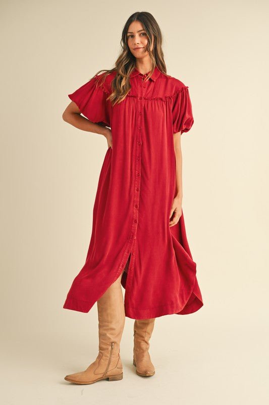 ANNIE WEAR - Deep Red Mineral Washed Puff Sleeve Midi Shirt Dress