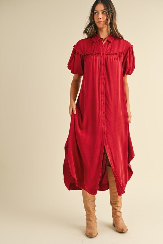 ANNIE WEAR - Deep Red Mineral Washed Puff Sleeve Midi Shirt Dress
