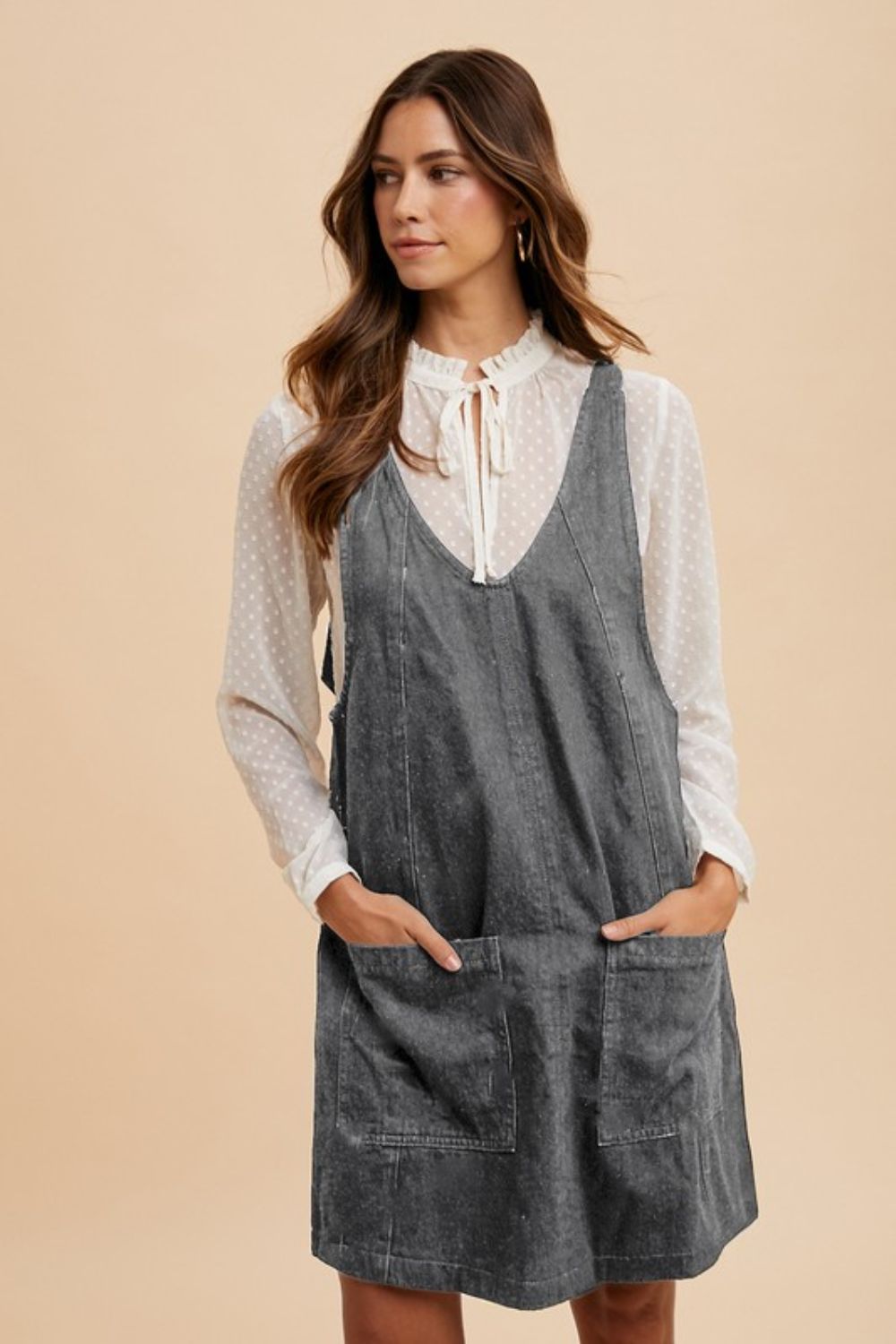 ANNIE WEAR - Denim Overall Mini Dress with Pockets in Charcoal