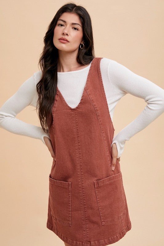 ANNIE WEAR - Denim Overall Mini Dress with Pockets in Rust