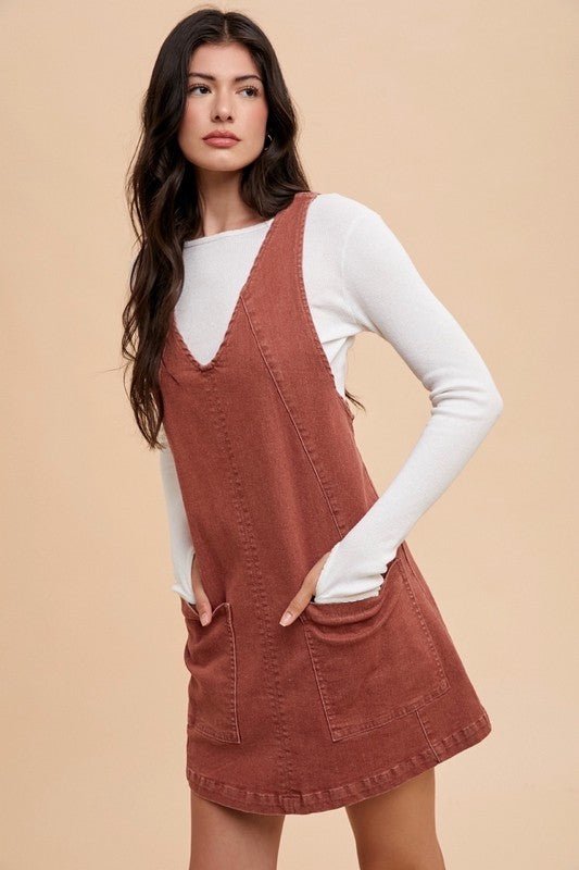 ANNIE WEAR - Denim Overall Mini Dress with Pockets in Rust