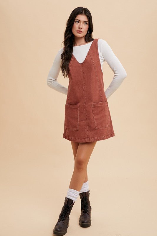 ANNIE WEAR - Denim Overall Mini Dress with Pockets in Rust