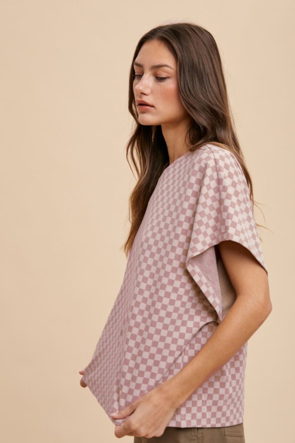 ANNIE WEAR - Dusty Pink Checkered Short Sleeve T-Shirt