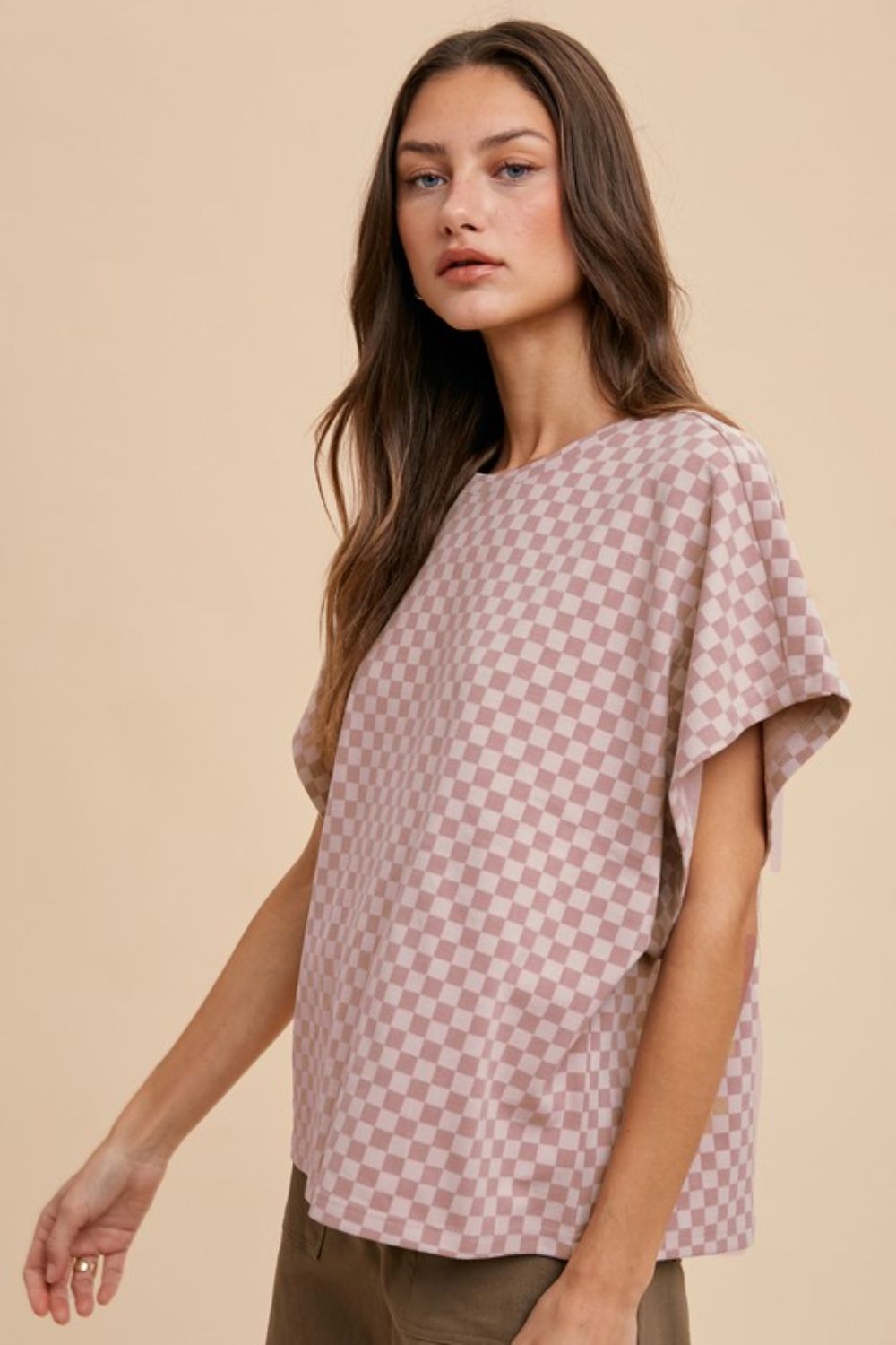 ANNIE WEAR - Dusty Pink Checkered Short Sleeve T-Shirt