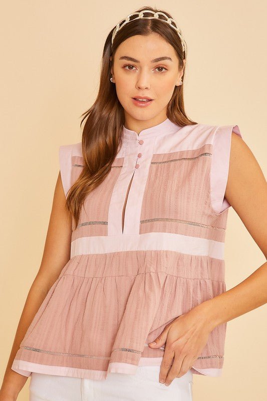 ANNIE WEAR - Dusty Pink Contrast Trim Cap Sleeve Peplum Blouse