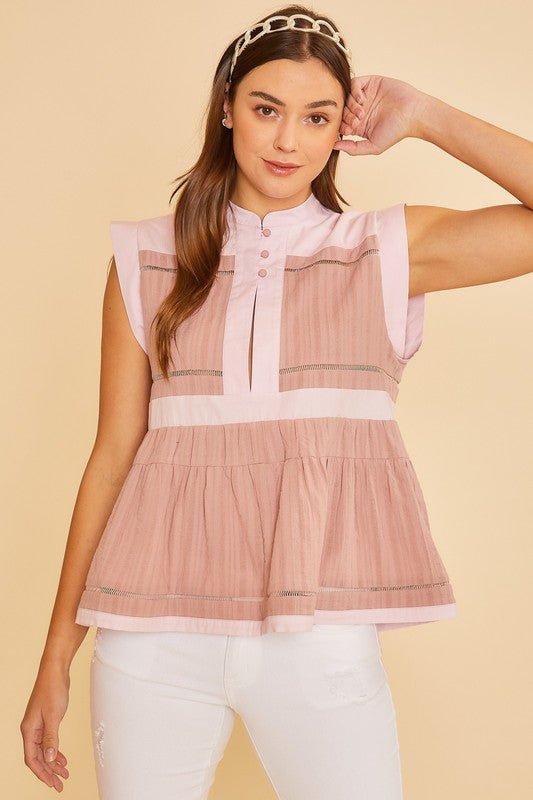 ANNIE WEAR - Dusty Pink Contrast Trim Cap Sleeve Peplum Blouse