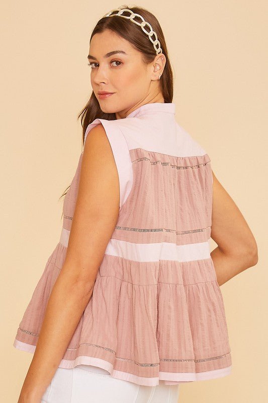 ANNIE WEAR - Dusty Pink Contrast Trim Cap Sleeve Peplum Blouse