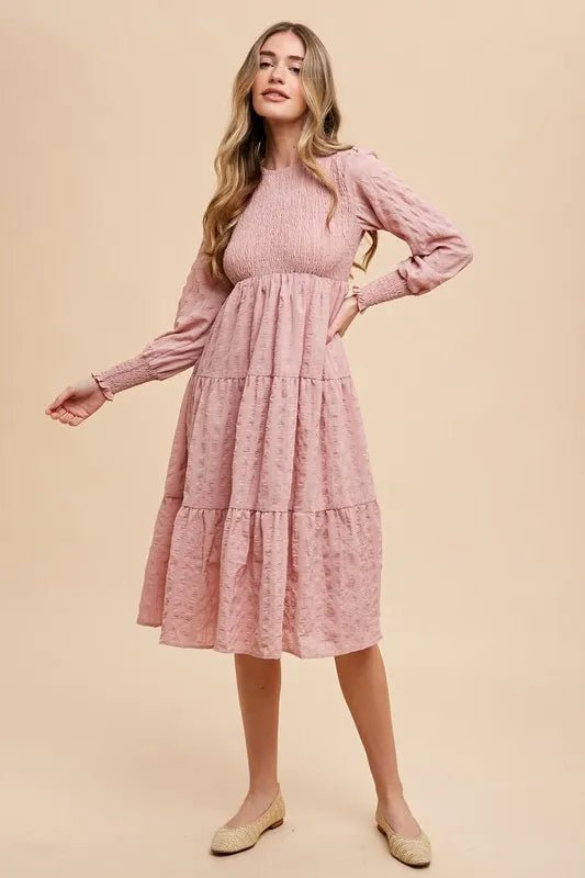 ANNIE WEAR - Dusty Rose Textured Smocked Midi Dress