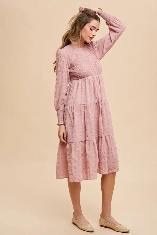 ANNIE WEAR - Dusty Rose Textured Smocked Midi Dress
