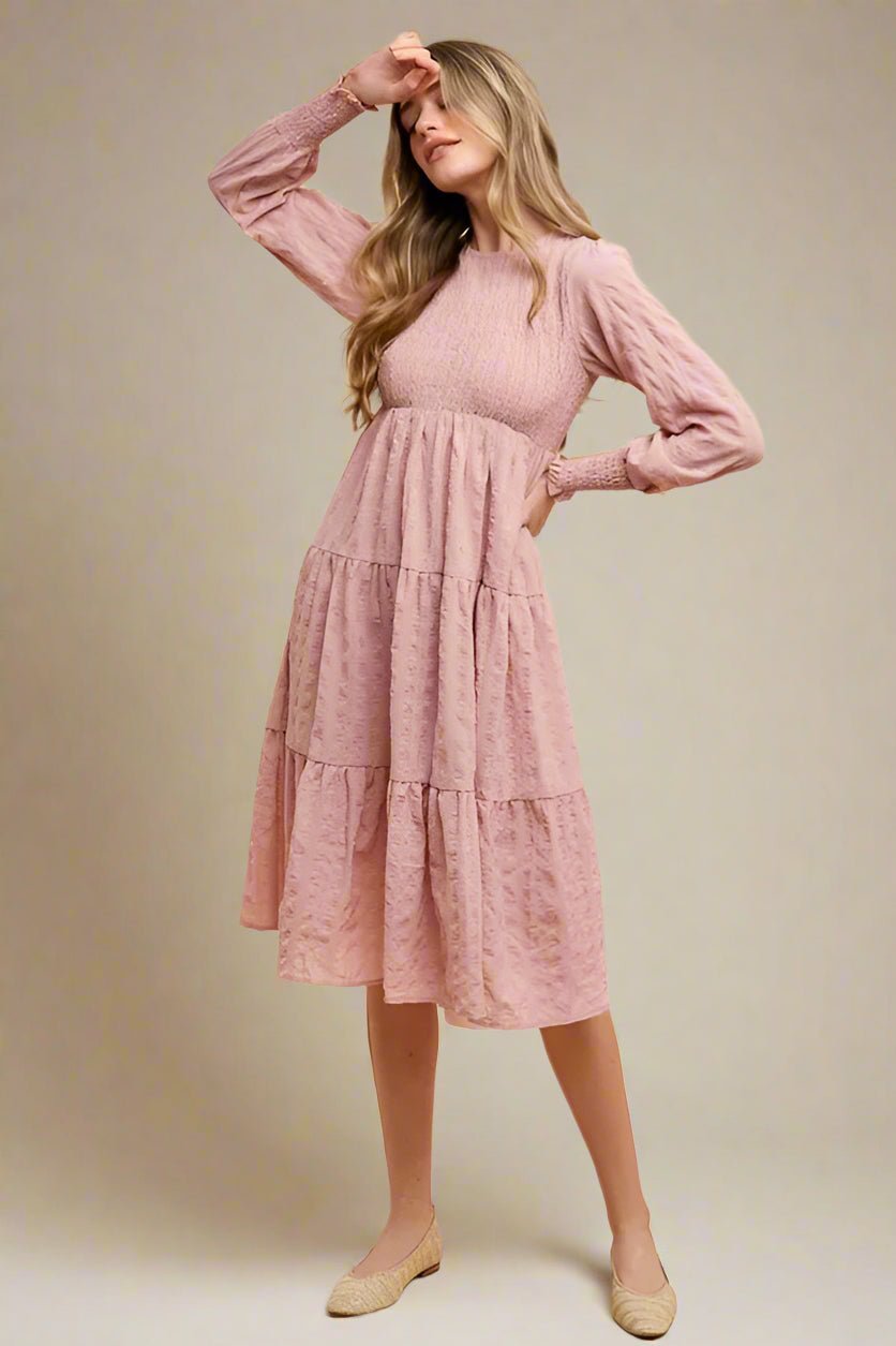 ANNIE WEAR - Dusty Rose Textured Smocked Midi Dress