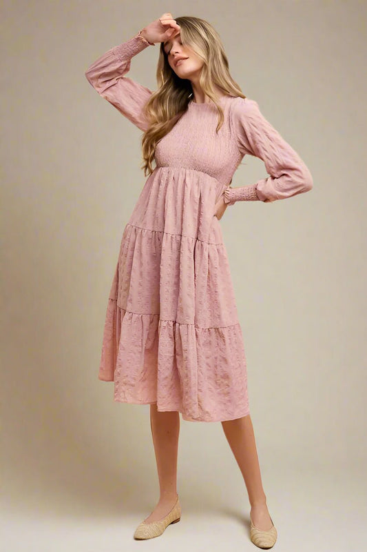 ANNIE WEAR - Dusty Rose Textured Smocked Midi Dress