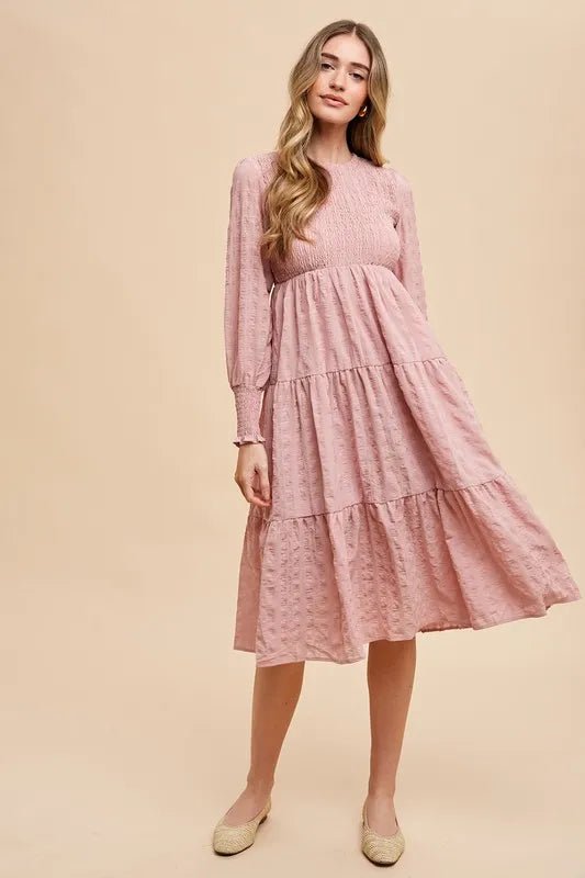 ANNIE WEAR - Dusty Rose Textured Smocked Midi Dress