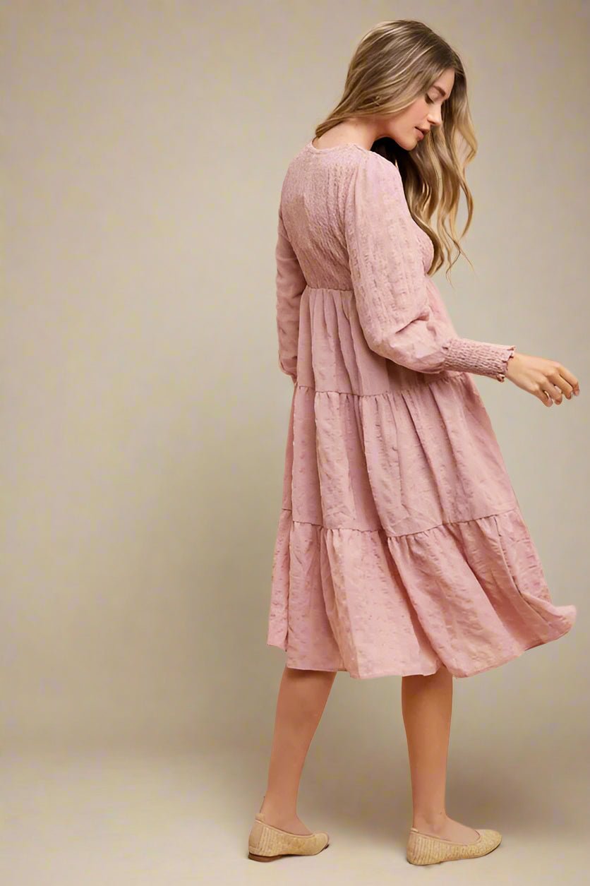 ANNIE WEAR - Dusty Rose Textured Smocked Midi Dress