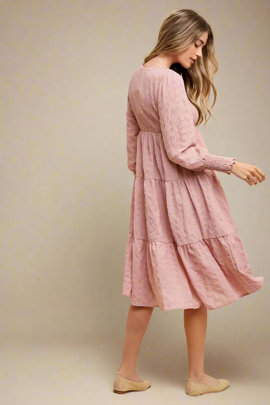 ANNIE WEAR - Dusty Rose Textured Smocked Midi Dress